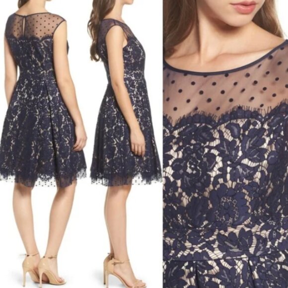 Eliza J Fit & Flare Party Dress Illusion Yoke Lace Navy Blue SZ 16 NEW! - Picture 1 of 14